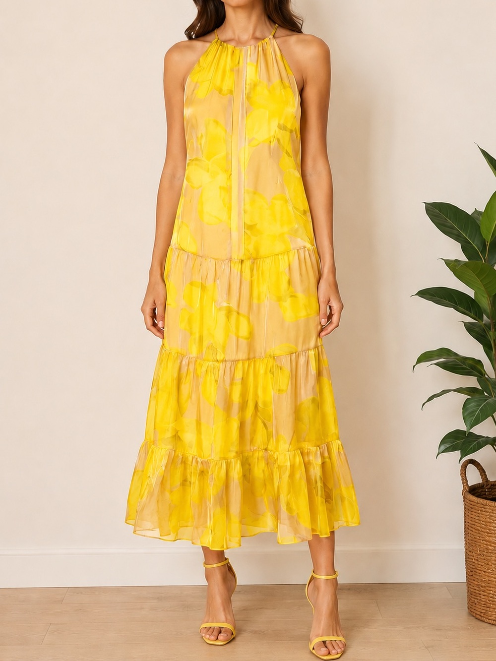 BCBG New York Yellow Halter Tiered Midi Dress - XSmall